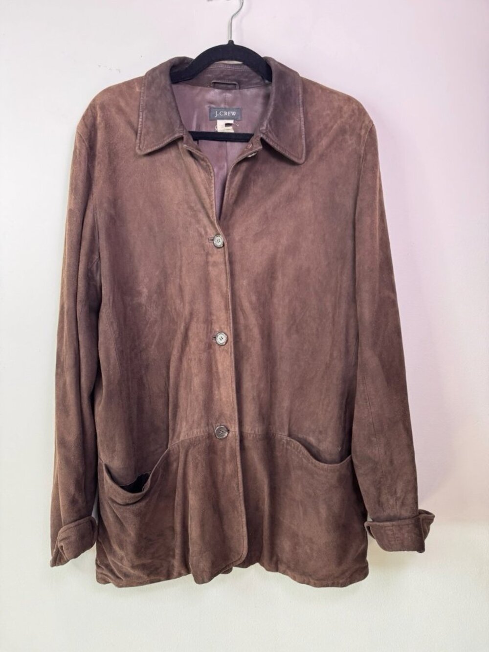 J. CREW BROWN SUEDE LEATHER COAT SHIRT JACKET MEN SZ LARGE LIGHTWEIGHT